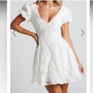 Showpo white jacquard mini dress.